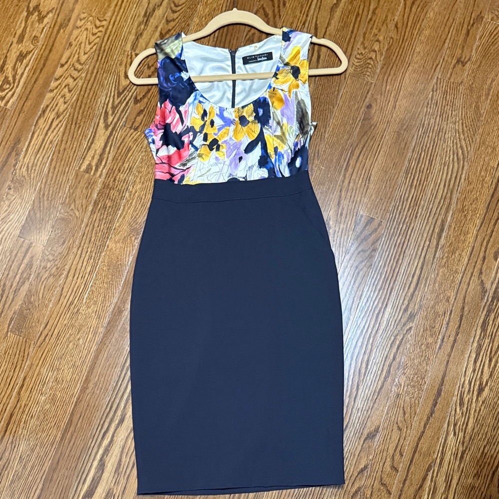 Elie Tahari Navy Midi Dress with Multicolor Floral Bodice